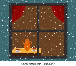 View of a warm room through the snow