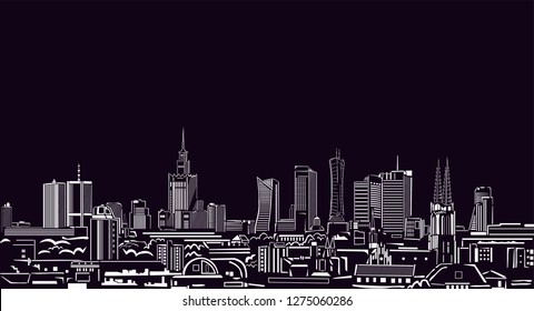View of Warsaw with black background, panorama of Warsaw city in Poland