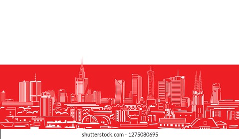 View of Warsaw with polish flag background, panorama of Warsaw city in Poland
