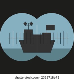 View of a Warship through Binoculars. War art. Aircraft carrier silhouette. Vector illustration. Naive children clipart.