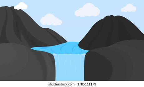 view of water fall between two mountains with a blue sky background