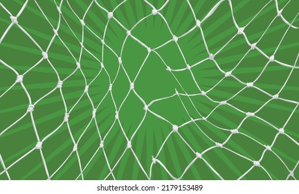 View of waving goal net with broken threads in the center over green background.