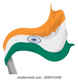 View of waving India flag and flagpole in low angle, isolated over white background.