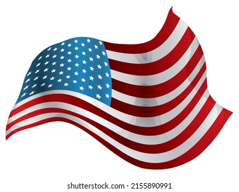 View of waving U.S.A. flag with its stars, stripes, blue and red colors. Design with gradient effect, isolated over white background.
