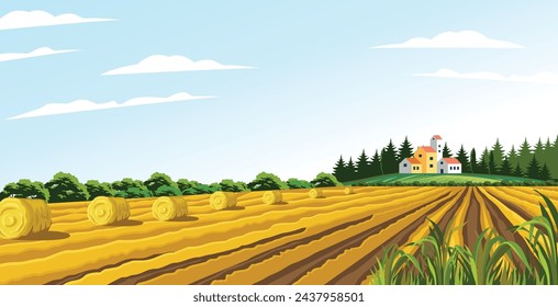 view of wheat fields and making hay bales, in rural background