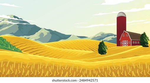 view of wheat plantation with mountains in the background, farmhouse in the field area