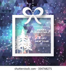 View of white christmas trees on polygonal background. Paper cut style.
