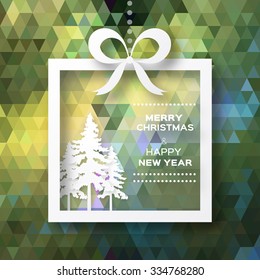 View of white christmas trees on polygonal background. Paper cut style.