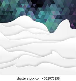 View of white mountains on polygonal background .Mountain landscape. Paper cut style.