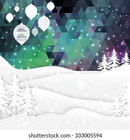 View of white mountains on polygonal background with christmas ball and garlands. Mountain landscape. Paper cut style.