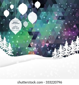 View of white mountains on polygonal background with christmas ball and garlands. Mountain landscape. Paper cut style.