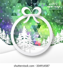 View of white mountains on polygonal background with christmas trees and ball frame. Mountain landscape. Paper cut style.