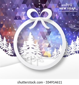 View of white mountains on polygonal background with christmas trees and ball frame. Mountain landscape. Paper cut style.