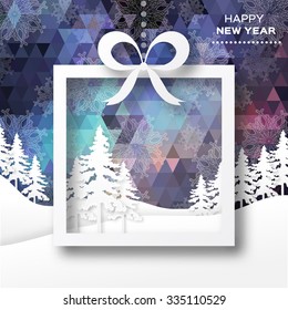 View of white mountains on polygonal background with christmas trees. Mountain landscape. Paper cut style.