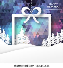 View of white mountains on polygonal background with christmas trees. Mountain landscape. Paper cut style.