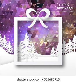 View of white mountains on polygonal background with christmas trees. Mountain landscape. Paper cut style.