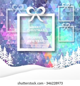 View of white mountains on polygonal background with christmas trees and box with bow. Mountain landscape. Paper cut style.