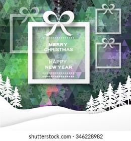 View of white mountains on polygonal background with christmas trees and box with bow. Mountain landscape. Paper cut style.