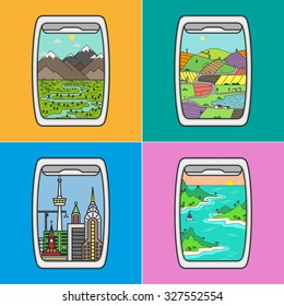 View from the window of an airplane. Four versions. Isolated