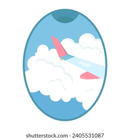 View from the window of an airplane porthole. View of an airplane wing in the clouds from the window. Flat illustration. Vector illustration