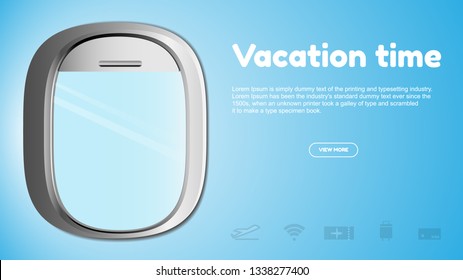 View from window airplane. Seat passenger can see to tropical beach. Time vacation destinations concept.  Illustrator design web vector banner. 