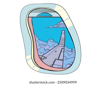 View from the window of an airplane wing and clouds. Organizing a trip to another country. Safe, fast and high-quality flights in the sky. Pop Art Retro Vector Illustration Kitsch Vintage 50s 60s