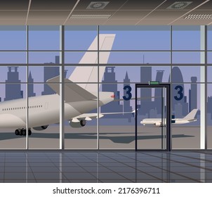 Vistas desde la ventana del aeropuerto a los aviones y rascacielos. Vector.