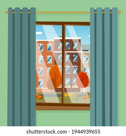 Aussicht vom Fenster auf die Herbststadt, rote Bäume. Herbst außerhalb des Fensters. Moderne, flache Cartoon-Stil, Vektorgrafik.