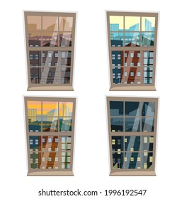 View from the window of the big city at different times of the day: morning, afternoon, evening and night. Illustration isolated on a white background. Cartoon drawing of window in flat style.