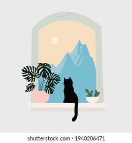  View from the window. Black cat peeking through the window a mountain landscape. Vector illustration. Design elements for summer textile or clothes.
 space for your text