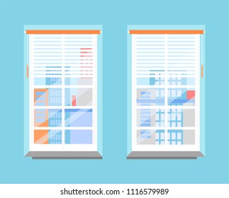 View from window and building interior banner, vector illustration of home design, blue wall and orange curtains, collection of different skyscrapers