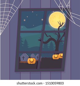 view window a cemetery with pumpkins, tree at night halloween