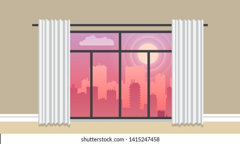 The view from the window of the city. Evening city panorama vector flat illustration. Cityscape on a sunset background