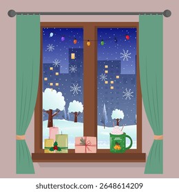 View from the window to the city. Winter city landscape. On the windowsill in the room there are candles, a cup of hot chocolate. Cozy New Year and Christmas festive background. Vector