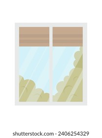 View from the window. Clear weather, blue sky, green trees. Vector illustration.