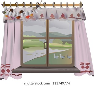 View from the window with the curtains rural landscape on white background