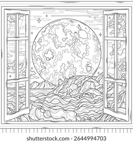 Vista da janela para a lua cheia no mar.Colorir livro antistress para crianças e adultos. Ilustração isolada em fundo branco. Desenho da mão