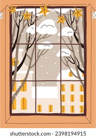 View from window, home. Winter landscape, cold snowy weather in town. House buildings and trees in snow. Cozy calm wintertime holiday, frost from warm room, apartment. Flat vector illustration