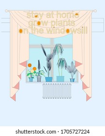 View of the window in the house during the coronavirus pandemic with domestic plants. The slogan "Stay at home-grow plants on the windowsill". Vector.