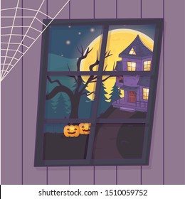 view window house pumpkins, tree, scary halloween
