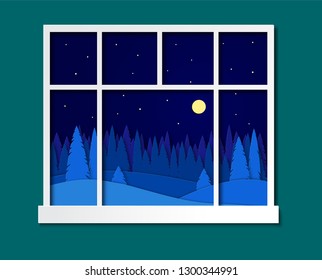 The view from the window of the house, the room on the winter night landscape. Vector illustration