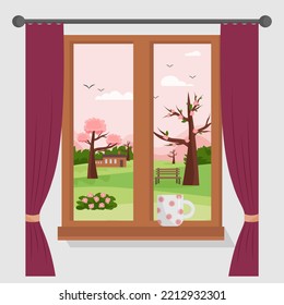 View from the window to the landscape. Window, flowering trees and bench, house and hills. Vector illustration for prints, posters, covers and brochures, flyers with advertising, web pages and social 