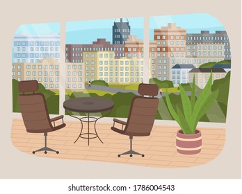 Vista desde la ventana de un gran edificio. Sala de estar u oficina interior con sillas de cuero sobre ruedas, mesa baja y planta de la casa en la olla. Vista panorámica de la ventana y de la ciudad con árboles verdes