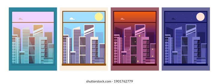 View from window. Night day city, building silhouettes in dusk outside. Time on street, morning afternoon evening downtown utter vector set