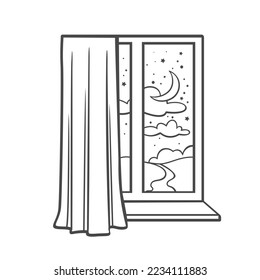 Ver desde la ventana en la ilustración vectorial de icono de línea nocturna. Esquema de mano lindo paisaje de medianoche con media luna y nubes en el cielo, camino a casa dentro de la ventana de vidrio del apartamento de casa con cortinas