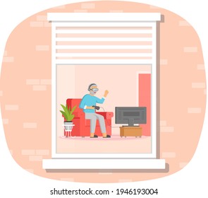 View from window to old man playing video games. Person in VR glasses plays online on console