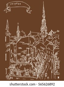 The view from the window of the Old town of Riga at night and the view of the spire of the ancient Cathedral in the distance. Vector.