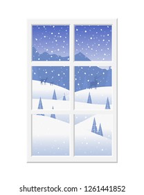 View from the window on a beautiful winter landscape, winter, mountains, snow, deer and trees. Vector. 