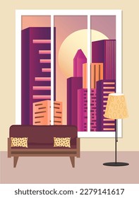 Vista desde la ventana del paisaje de la ciudad. Ciudad nocturna fuera de la ventana - rascacielos, luna y cielo oscuro. Ilustración vectorial con gradientes. Para impresiones, carteles, portadas y folletos, publicidad f