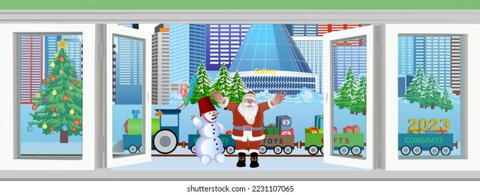 View from the window on the evening of Christmas Eve. The train is full of toys, and the Snowman and Santa Claus are calling kids to give them gifts. Vector illustration.